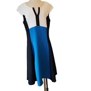 Signature Robbie Bee Dress Womens 14 Midi Colorblock V Neck Black White Blue